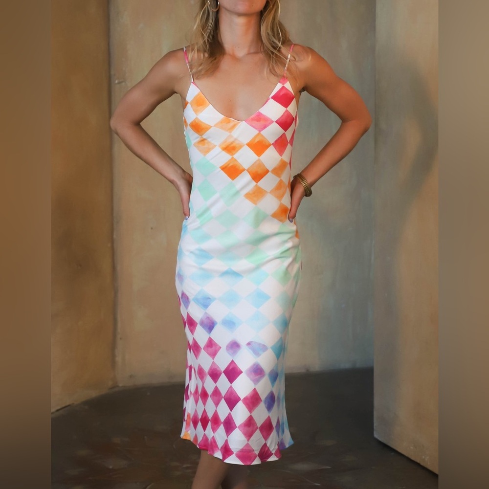 Jens Pirate Booty Ocean Front Skinny Dip Midi Slip Rainbow Check - Size L